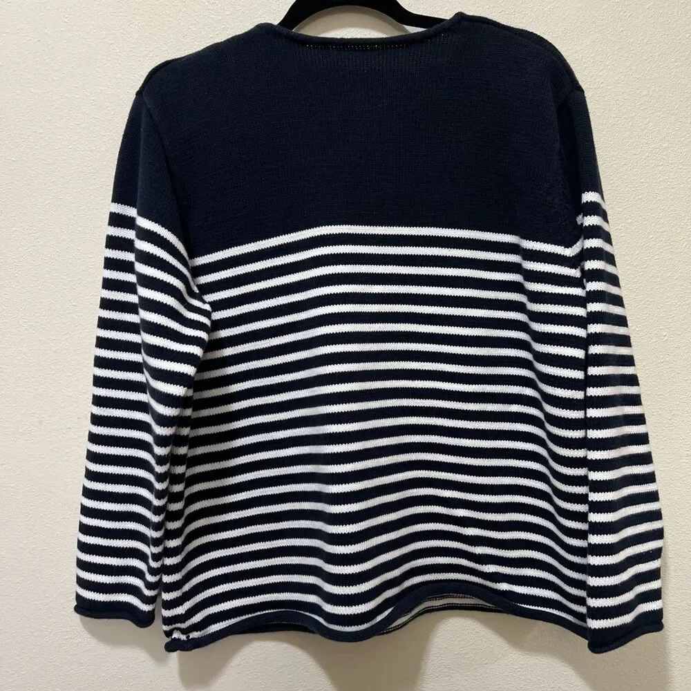Women’s Nautical Sweater Stripes Anchor Old Money Sailing Beach - Picture 3 of 6